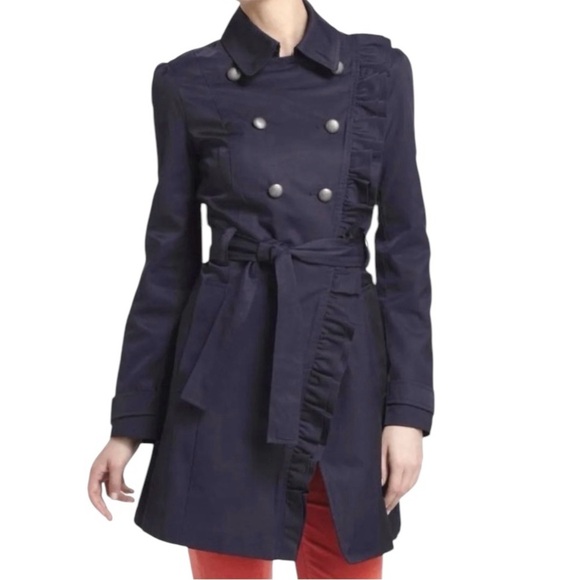 Anthropologie Elevenses Trench Coat Navy Blue Belted Jacket Womens 10 Medium - Picture 1 of 12
